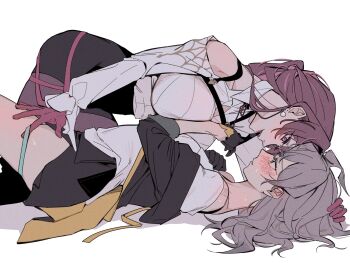 2girls black_gloves black_jacket black_shorts black_skirt blush clothing_cutout commentary commission d0600059994959 english_commentary glove_in_mouth gloves grey_hair high-waist_shorts highres honkai:_star_rail honkai_(series) jacket kafka_(honkai:_star_rail) leg_between_thighs long_hair mouth_hold multiple_girls pantyhose parted_lips purple_eyes purple_gloves purple_hair purple_pantyhose second-party_source shirt shorts shoulder_cutout simple_background skirt stelle_(honkai:_star_rail) sweat thigh_strap trailblazer_(honkai:_star_rail) white_background white_shirt yuri