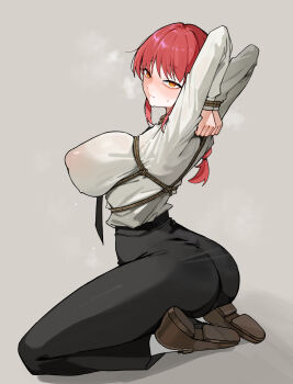 1girl absurdres arms_up ass bdsm black_pants bondage bound breasts chainsaw_man closed_mouth covered_erect_nipples formal_clothes grey_background highres huge_breasts long_hair mac_(pixiv31869137) makima_(chainsaw_man) orange_eyes pant_suit pants red_hair revision seiza shibari shirt sitting solo steaming_body suit sweat white_shirt