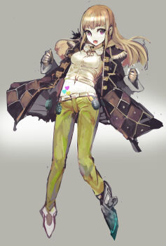 Rule 34 | 1girl, :d, absurdres, belt, breasts, brown gloves, brown hair, denim, explosive, fang, female focus, full body, gloves, gradient background, grenade, highres, jeans, looking at viewer, navel, open mouth, original, pale skin, pants, purple eyes, small breasts, smile, solo, uturo