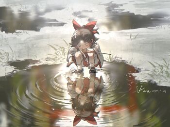 1girl aged_down aihara-rina ascot black_shoes bloomers bow bug chinese_commentary commentary dated day detached_sleeves dragonfly full_body gohei grass hair_bow hair_tubes hakurei_reimu highres holding holding_gohei insect long_sleeves looking_down outdoors puddle red_bow red_shirt red_skirt reflection reflective_liquid ripples shirt shoes signature skirt solo squatting touhou underwear water white_bloomers wide_sleeves yellow_ascot