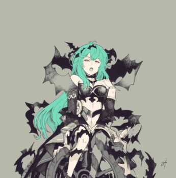 1girl aqua_hair bad_id bad_pixiv_id bare_shoulders breasts bright_pupils cannon chaos_aurora_(grimms_notes) detached_sleeves diagonal-striped_thighhighs grey_background grimms_notes hair_between_eyes hand_up highres itomaki_no_madou_taihou_(grimms_notes) long_hair misoshiru_umai4 navel open_mouth partially_colored pink_eyes signature simple_background single_thighhigh sitting solo teeth thighhighs thorns upper_teeth_only white_pupils