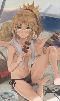 2girls artoria_pendragon_(fate) bikini black_bikini black_panties blonde_hair blush breasts commentary_request eating fate/apocrypha fate/stay_night fate_(series) green_eyes highres looking_at_viewer lying mordred_(fate) multiple_girls on_stomach panties sand string_bikini swimsuit tonee underwear