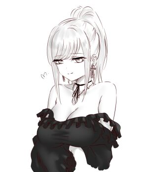 1girl alice_lendrott bare_shoulders breasts choker cleavage closed_mouth commentary_request cropped_torso cross cross_earrings double_strap_slip dress earrings greyscale high_ponytail highres jewelry large_breasts locket mitsugu monochrome necklace pendant ponytail ribbon_choker shinigami_bocchan_to_kuro_maid sidelocks simple_background smile solo split_mouth swept_bangs white_background