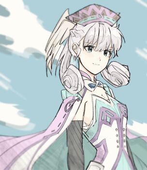 Rule 34 | 1girl, blue eyes, blue sky, cape, closed mouth, cloud, commentary, curly hair, dress, grey hair, head wings, highres, looking ahead, melia antiqua, outdoors, pax (seo7h), sky, smile, solo, standing, upper body, wings, xenoblade chronicles (series), xenoblade chronicles 1