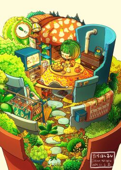 Rule 34 | . ., 1other, absurdly detailed composition, analog clock, androgynous, bed, blanket, bookshelf, bowl, broom, bush, chibi, clock, closed mouth, closed umbrella, clothes hanger, commentary request, crt, cup, dated, flower pot, food, fruit, game console, green hair, highres, japanese clothes, kimono, kotatsu, lamp, lead pipe, long sleeves, mailbox (incoming mail), nightstand, niwa matthew, orange (fruit), orange kimono, original, peeling, pillow, plant, potted plant, radio, shoes, short hair, slice of life, smile, table, teapot, television, umbrella, under kotatsu, under table, unworn shoes, videocassette recorder, watching television