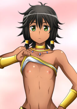 10s 1girl amazon_warrior black_hair bracelet braid breasts clothes_lift dark-skinned_female dark_skin dungeon_ni_deai_wo_motomeru_no_wa_machigatteiru_darou_ka female_focus flat_chest green_eyes hair_ornament highres jewelry kenken lifting_own_clothes looking_at_viewer midriff navel neck_ring necklace nipples shiny_skin short_hair simple_background solo standing strapless sword_oratoria tiona_hyryute tube_top tube_top_lift upper_body