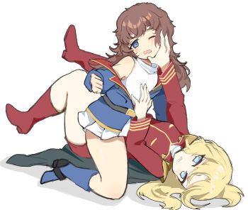 2girls absurdres amuro_ray belt blonde_hair boots brown_hair cape catfight char_aznable clenched_hand commentary_request earth_federation earth_federation_space_forces genderswap genderswap_(mtf) gundam highres jacket long_hair long_sleeves military mobile_suit_gundam multiple_girls noisi shirt white_shirt zeon