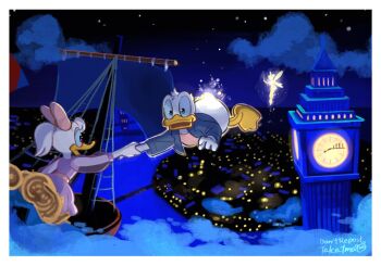 1boy 2girls blue_eyes bow city_lights cityscape company_connection daisy_duck disney donald_duck duck_boy duck_girl elizabeth_tower fairy fairy_wings flying furry looking_at_viewer mickey_mouse_&amp;_friends multiple_girls night night_sky open_mouth pirate_ship ponytail shirt short_hair short_ponytail sky takatmaorange tinker_bell_(disney) walt_disney&#039;s_peter_pan wings