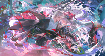 absurdres blue_flower carrying closed_mouth commission dragon floating_hair flower full_body hair_flower hair_ornament highres japanese_clothes jishikou kimono lips long_hair long_sleeves looking_at_another love_and_deepspace mihuashi_commission oc_x_canon original parted_bangs princess_carry red_eyes red_ribbon ribbon sandals short_hair socks sylus_(love_and_deepspace) watermark white_eyes white_hair white_socks wide_sleeves