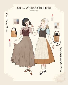 2girls black_hair blonde_hair bow cinderella_(disney_character) cinderella_(disney_movie) closed_eyes disney_princess dress full_body hair_bow highres meecosme multiple_girls puffy_sleeves shoes short_hair short_sleeves smile snow_white_(disney) snow_white_and_the_seven_dwarfs_(disney)