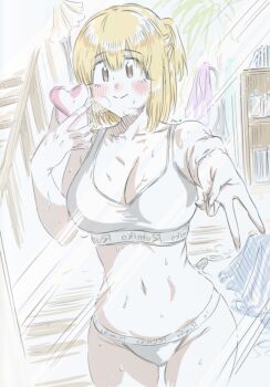 1girl blonde_hair blush bra breasts brown_eyes cellphone grey_bra grey_panties groin heart highres holding holding_phone komi-san_wa_komyushou_desu large_breasts looking_at_viewer manbagi_rumiko mitsugu navel panties phone ponytail puff_of_air selfie short_hair side_ponytail smartphone smile stairs standing steam sweat sweatdrop underwear v