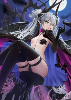 1girl asobeco black_cloak black_hands black_panties black_thighhighs body_markings breasts candy choker cloak colored_extremities crossed_bangs crossed_legs demon_girl demon_horns demon_wings ear_piercing fate/grand_order fate_(series) food full_moon green_eyes grey_hair hair_between_eyes highres horns lilith_(fate) lilith_(second_ascension)_(fate) lollipop long_hair looking_at_viewer moon navel night night_sky oversized_object panties piercing pointy_ears scissors sitting sky small_breasts stomach_tattoo stool tattoo thighhighs thighs tongue tongue_out twintails underwear very_long_hair wings
