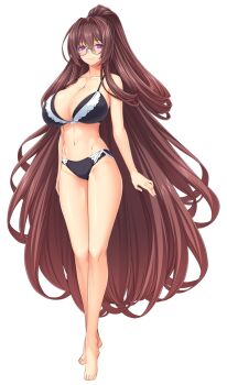 1girl aged_up barefoot black_bra black_panties blush bra breasts bright_pupils brown_hair cleavage closed_mouth collarbone full_body game_asset glasses hair_intakes high_ponytail huge_breasts inoino katsuragi_marina katsuragi_marina_(exs-tia_m) kouyoku_senki_exs-tia large_breasts large_variant_set long_hair looking_at_viewer navel non-web_source official_art panties ponytail purple_eyes self-datamine simple_background smile solo standing tachi-e transparent_background underwear underwear_only variant_set very_long_hair white_pupils