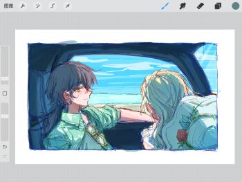 2girls alternate_costume aqua_shirt art_program_in_frame black_hair blue_sky car_interior ceras_yanagida_lilienfeld collared_shirt commentary day edel_note eyewear_hang grey_hair hat hawaiian_shirt highres katsuragi_izumi link!_like!_love_live! love_live! low_ponytail multiple_girls open_clothes open_shirt ponytail shirt sky sun_hat symbol-only_commentary unworn_eyewear virtual_youtuber white_hat yrxy_settingsun