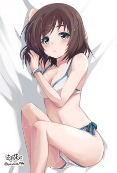 Rule 34 | 1girl, :o, arm behind head, arm up, artist name, bed sheet, bikini, blue eyes, bob cut, bracelet, breasts, brown hair, cleavage, commentary request, from above, haruhata mutsuki, jewelry, knees up, legs, looking at viewer, lying, medium breasts, navel, on bed, on side, onjouji toki, parted lips, revision, saki, saki (manga), saki achiga-hen, short hair, side-tie bikini bottom, signature, solo, swimsuit, twitter username, wet, wet hair, white bikini