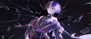 Rule 34 | 1boy, black bodysuit, black eyes, black hair, black kimono, black sleeves, blunt ends, bodysuit, commentary, cracked background, crying, crying with eyes open, furisode, genshin impact, glass shards, gold, grey pupils, highres, japanese clothes, jewelry, juban, kimono, layered sleeves, looking up, male focus, mitsudomoe (shape), multicolored hair, neck ring, o-ring, off shoulder, open hands, open mouth, outstretched arms, parted bangs, purple hair, purple sash, red hair, red kimono, red sash, sash, scaramouche (genshin impact), short sleeves, sidelighting, solo, spread arms, streaked hair, symbol-only commentary, tears, tomoe (symbol), tsurime, turtleneck, turtleneck bodysuit, ugwa, upper body, white kimono