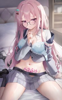 1girl absurdres ahoge arm_at_side belt black_belt black_shoes black_socks blue_bra blurry blurry_background blush bra breasts buttons chinese_commentary cleavage clenched_hand closed_mouth collared_shirt commentary_request eyelashes eyes_visible_through_hair furrowed_brow grey_jacket grey_skirt hair_between_eyes hair_intakes hair_ornament hairclip hand_up harumi_ena highres indoors jacket jihua_tong kneehighs knees_out_of_frame lace lace-trimmed_bra lace_trim large_breasts limelight_lemonade_jam lips long_hair long_sleeves looking_at_viewer miniskirt navel on_bed open_clothes open_jacket open_shirt parallel_hairclips partially_unbuttoned pink_hair pleated_skirt pubic_tattoo red_eyes school_uniform shiny_skin shirt shoes sidelocks sitting skirt smile socks solo stomach tattoo thighs underwear unworn_bra very_long_hair wariza white_shirt