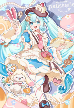1girl absurdres animal apron aqua_eyes aqua_hair asymmetrical_legwear blue_bow blue_dress blue_eyes blue_hair blue_sleeves blush boots bow bowtie bread brown_boots brown_hat commentary_request dessert detached_sleeves donut dress dress_bow food food-themed_clothes food-themed_hat_ornament foot_out_of_frame frilled_apron frills fruit fur-trimmed_dress fur-trimmed_sleeves fur_trim hair_between_eyes hair_ornament hat hat_ornament hatsune_miku highres holding holding_tongs holding_tray kaninoto knee_boots long_hair long_sleeves looking_at_viewer macaron mismatched_legwear necktie official_alternate_costume official_alternate_hairstyle open_mouth pantyhose pink_necktie puffy_sleeves rabbit_yukine short_sleeves smile snowflake_print striped_clothes striped_pantyhose tongs tray twintails two-tone_sleeves very_long_hair vocaloid wavy_hair white_apron yuki_miku yuki_miku_(2026)