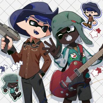 1boy 1other aqua_jacket beanie blue_hair blue_hat blue_tongue brown_shirt chibi chibi_inset collared_shirt colored_tongue commentary_request cowboy_hat dark_skin dot_nose dress_shirt earflap_beanie fangs green_eyes green_hat grey_pants grey_shorts guitar hand_in_pocket hat hg_swdiary highres holding holding_guitar holding_instrument holding_weapon inkling inkling_boy inkling_player_character instrument jacket korean_commentary long_sleeves looking_at_another medium_hair n-zap_(splatoon) nintendo one_eye_closed open_mouth pants pointy_ears shirt short_hair shorts smile splatoon_(series) tentacle_hair weapon white_eyes white_hair white_tongue zipper_pull_tab