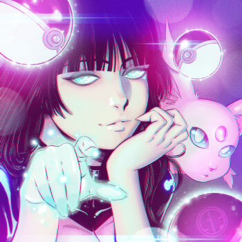1girl black_hair blunt_bangs espeon eyelashes fingernails gen_2_pokemon glowing glowing_eyes glowing_hand head_rest lips long_hair looking_at_viewer nintendo parted_lips pointing pointing_at_viewer poke_ball poke_ball_(basic) pokemon sabrina_(pokemon) straight_hair teeth telekinesis