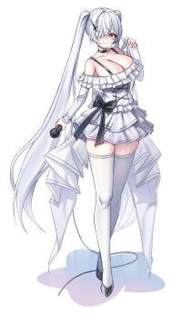 1girl absurdres breasts cinderella_(nikke) cleavage commentary dress goddess_of_victory:_nikke high_heels highres holding holding_microphone idol large_breasts long_hair microphone red_eyes simple_background solo sweet_roll_(flu0313) thighhighs thighs twintails very_long_hair white_dress white_hair white_thighhighs zettai_ryouiki