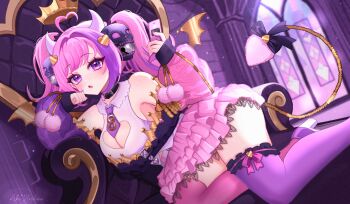 1girl absurdres ahoge aki_hoshino artist_name bell black_bow bow chair cleavage_cutout clothing_cutout commentary crown demon_girl demon_horns demon_tail english_commentary fang floating_crown hair_bell hair_ornament heart heart_ahoge heart_cutout heart_hair_ornament highres holding holding_phone horns indie_virtual_youtuber ironmouse light_particles multicolored_hair necktie on_chair open_mouth phone pink_hair pink_skirt pink_sleeves pink_thighhighs purple_eyes purple_hair purple_necktie purple_sleeves purple_thighhighs shirt short_necktie skin_fang skirt skull_hair_ornament sleeveless sleeveless_shirt sleeves_past_wrists solo streaked_hair tail tail_bow tail_ornament thighhighs two-tone_thighhighs virtual_youtuber white_horns