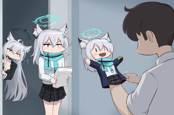1boy 2girls ahoge animal_ear_fluff animal_ears black_choker black_hair black_skirt blue_archive blue_eyes blue_scarf breast_pocket breasts choker cleavage commentary_request cross_hair_ornament dual_persona grey_hair hair_between_eyes hair_ornament halo highres holding holding_paper large_breasts long_hair long_sleeves looking_at_another medium_hair mismatched_pupils multiple_girls paper paper_stack peeking_out pocket scarf sensei_(blue_archive) shiroko_(blue_archive) shiroko_terror_(blue_archive) shirt sidelocks skirt small_breasts summer_uniform vilde_loh_hocen white_shirt wide_sleeves wolf_ears wolf_girl