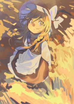 1girl apron black_skirt black_vest blonde_hair braid closed_mouth commentary_request expressionless from_above full_body hat highres kirisame_marisa long_sleeves looking_at_viewer shi_chimi shirt skirt solo standing touhou vest white_shirt witch_hat yellow_eyes