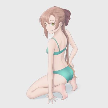 1girl akigumo_(kancolle) ass back bare_shoulders barefoot bra brown_hair from_behind full_body green_bra green_eyes green_panties hair_between_eyes hair_ribbon hand_on_own_hip kantai_collection kito_3_tyoki-tyoki long_hair looking_at_viewer panties ponytail ribbon simple_background smile squatting underwear underwear_only