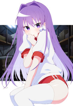 1girl between_legs blush buruma clannad clenched_hand commentary_request eyes_visible_through_hair feet_out_of_frame fujibayashi_kyou furrowed_brow gym_shirt gym_storeroom gym_uniform hair_between_eyes hair_intakes hair_ribbon hand_between_legs hand_up highres indoors letterboxed long_hair looking_at_viewer official_alternate_costume photo_background puffy_short_sleeves puffy_sleeves purple_eyes purple_hair red_buruma ribbon scene_reference shirt short_sleeves shy sitting solo straight_hair sweatdrop thighhighs thighs tress_ribbon tsurime twitter_username very_long_hair watermark white_ribbon white_shirt white_thighhighs xdjf63qbpt0iqmj