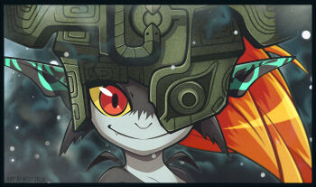 1girl artist_name colored_sclera colored_skin commentary english_commentary fang grey_skin helmet helmet_over_one_eye highres looking_at_viewer midna nintendo orange_hair pointy_ears red_eyes smile snowing solo the_legend_of_zelda the_legend_of_zelda:_twilight_princess woofzilla yellow_sclera