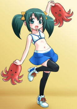 1girl arm_up bare_shoulders black_thighhighs blush bow breasts cheering cheerleader collarbone commentary_request crop_top food food_art full_body gachon_jirou gradient_background green_eyes green_hair hair_bow long_hair looking_at_viewer makita_mirano medium_breasts midriff miniskirt navel nonki_boy open_mouth outstretched_arms shoes simple_background skirt smile sneakers solo standing standing_on_one_leg tako-san_wiener tank_top thighhighs thighs twintails white_background white_tank_top yellow_background yellow_bow