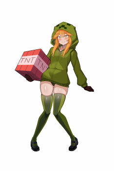 Rule 34 | 1girl, absurdres, creeparka, creeper, cupa (at2.), destinyplayer1, explosive, gloves, gluteal fold, green hoodie, green thighhighs, highres, holding block, hood, hoodie, knees together feet apart, long hair, looking at viewer, mary janes, minecraft, mob talker, orange eyes, orange hair, panties, personification, pigeon-toed, shoes, simple background, skindentation, smile, solo, thighhighs, tnt, tnt block (minecraft), underwear, white background