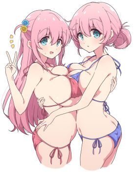 2girls ass asymmetrical_docking bikini blue_bikini blue_eyes bocchi_the_rock! breast_press breasts cube_hair_ornament gotoh_hitori gotoh_michiyo hair_bun hair_ornament highres large_breasts long_hair looking_at_viewer mature_female mel_(melty_pot) mother_and_daughter multiple_girls one_side_up open_mouth pink_hair red_bikini short_hair simple_background single_hair_bun smile swimsuit v white_background