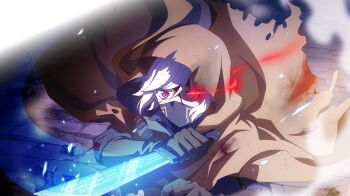 1boy anime_coloring bell_cranel black_gloves blood blood_from_forehead blood_on_clothes blood_on_face brown_cloak cloak cuts danmachi_battle_chronicle dirty dirty_clothes dungeon_ni_deai_wo_motomeru_no_wa_machigatteiru_darou_ka eye_trail fighting_stance game_cg gloves glowing glowing_knife glowing_weapon highres holding holding_knife hood hood_up hooded_cloak injury knife light_trail looking_at_viewer mask mouth_mask ninja_mask non-web_source official_alternate_costume official_art red_eyes short_hair solo torn_cloak torn_clothes weapon white_hair