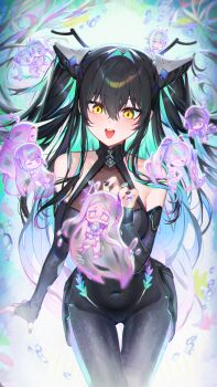 6+girls absurdres aqua_hair armpit_cutout bandaid bandaid_on_face bandaid_on_nose bare_shoulders between_breasts black_bodysuit black_cloak black_hair black_hood black_horns black_liquid blue_eyes blue_hair blue_jumpsuit bodysuit breasts broken_mask bubble character_doll cinderella_(nikke) cleavage cloak clothing_cutout colored_inner_hair commentary dl_(dl_6ix) doll dominatrix double_thumbs_up fish flower-shaped_hair folded_hair forehead gloves goddess_of_victory:_nikke grave_(nikke) gretel_(nikke) hair_intakes hair_over_one_eye halterneck hansel_(nikke) hexagon_print highres honeycomb_(pattern) honeycomb_print hood hooded_cloak horns jumpsuit large_breasts leather_bikini leg_cutout leviathan_(nikke) liquid_clothes little_mermaid_(nikke) long_hair looking_at_viewer mask metal_gloves mihara_(bonding_chain)_(nikke) mihara_(nikke) mori_(nikke) multicolored_hair multiple_girls official_alternate_design old_tales_(nikke) one_eye_covered pointy_ears pouch revision see-through_bodysuit see-through_cleavage see-through_clothes shiny_eyes siblings small_breasts smile solo_focus stomach_cutout strap_between_breasts thumbs_up torn_cloak torn_clothes twins twintails very_long_hair wardress_(nikke) white_mask yellow_eyes yuni_(chimera)_(nikke) yuni_(nikke)