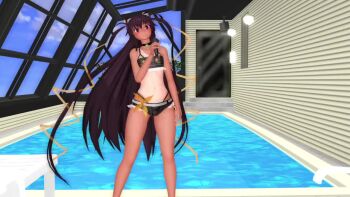 Rule 34 | 1girl, 3d, action taimanin, animated, artist request, ass, audible music, bikini, blush, brown hair, cameltoe, curvy, dancing, flat chest, gloves, highres, indoors, jiggle, jumping, long hair, looking at viewer, mikumikudance (medium), mizuki yukikaze, official alternate costume, one-piece tan, pink eyes, poolside, shiny clothes, shiny skin, skirt, smile, solo, sound, swimsuit, tagme, taimanin (series), taimanin yukikaze, tan, tanline, thighhighs, thong bikini, twintails, very long hair, video