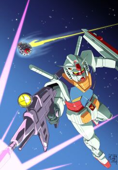 Rule 34 | 1980s (style), artist request, battle, beam cannon, beam rifle, bit (gundam), duel, earth federation, elmeth, energy beam, energy gun, firing, gundam, highres, holding, holding weapon, mecha, mecha focus, mobile suit, mobile suit gundam, muzzle flash, no humans, oldschool, retro artstyle, robot, rx-78-2 gundam, scene reference, science fiction, scope, shield, signature, space, star (sky), thrusters, v-fin, weapon, yellow eyes, zeon, zero gravity