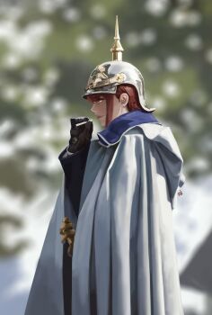 1girl absurdres black_gloves blurry blurry_background chainsaw_man cigarette cloak closed_mouth combat_helmet cosplay dana_(ocana_dana) gloves helmet highres holding holding_cigarette makima_(chainsaw_man) photo-referenced pickelhaube real_life red_hair solo white_cloak wilhelm_ii wilhelm_ii_(cosplay) yellow_eyes