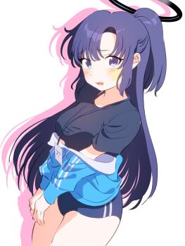 1girl bazz000033 black_halo black_shirt blue_archive blue_buruma blue_eyes blue_hair blue_jacket blush breasts buruma colored_shadow commentary_request double_vertical_stripe embarrassed halo highres jacket jersey lanyard long_hair looking_at_viewer mechanical_halo medium_breasts official_alternate_costume open_mouth shadow shirt short_sleeves sidelocks simple_background star_(symbol) star_sticker sticker thighs track_jacket track_suit white_background yuuka_(blue_archive) yuuka_(track)_(blue_archive)