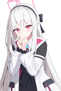 1girl absurdres black_hairband black_skirt black_vest blue_archive blue_necktie blush closed_mouth collared_shirt commentary_request hairband halo hands_up highres jacket kei_(blue_archive) kei_(student)_(blue_archive) long_hair long_sleeves looking_at_viewer necktie open_clothes open_jacket pleated_skirt puffy_long_sleeves puffy_sleeves purple_eyes ringed_eyes shirt simple_background skirt sob_(submar1089) solo very_long_hair vest white_background white_hair white_jacket white_shirt