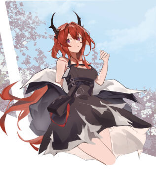 1girl absurdres arknights bare_shoulders black_dress black_horns black_jacket breasts commission cropped_legs dress hair_between_eyes hair_intakes hand_up highres horns jacket linkai long_hair looking_at_viewer medium_breasts mihuashi_commission off_shoulder purple_eyes red_hair solo standing surtr_(arknights)