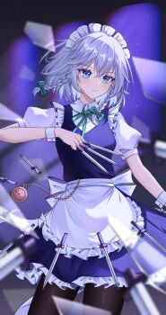 1girl apron armor back_bow between_fingers black_pantyhose blue_dress blue_eyes blurry blurry_background blurry_foreground bow braid broken_glass chinese_commentary closed_mouth collared_shirt commentary cowboy_shot dress frilled_apron frilled_skirt frills glass green_bow green_ribbon grey_hair hair_between_eyes hair_bow highres holding holding_knife izayoi_sakuya knife knives_between_fingers legs_apart light_blush looking_at_viewer maid maid_apron maid_headdress nano. neck_ribbon pantyhose petticoat pocket_watch puffy_short_sleeves puffy_sleeves ribbon shirt short_hair short_sleeves skirt sleeve_cuffs solo touhou twin_braids watch white_apron white_bow white_headdress white_shirt white_wrist_cuffs wrist_cuffs
