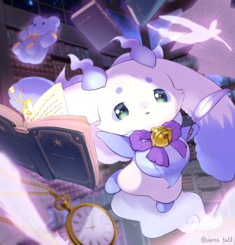 1other absurdres artist_name bell blurry blurry_background blurry_foreground book bookmark bookshelf chibikemo commentary_request floating floating_book floating_object furry green_eyes highres holding holding_quill indoors jingle_bell library looking_at_viewer lunlun_(nijisanji) neck_bell nijisanji open_book paper parted_lips pocket_watch quill rope sierra_fall solo stuffed_animal stuffed_toy teddy_bear twitter_username virtual_youtuber watch window