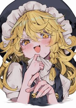 1girl absurdres black_hat blonde_hair blush braid fang hair_between_eyes hat highres kararage_tsune kirisame_marisa long_hair looking_at_viewer open_mouth short_sleeves single_braid skin_fang solo touhou upper_body witch_hat
