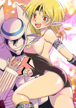 1boy 1girl arm_warmers armlet armor ass black_boots black_eyes black_hair black_leotard blonde_hair blush boots breasts cleavage collarbone elf_17 fairy fairy_wings gloves headband helmet jewelry kk_(elf_17) knee_boots large_breasts leotard looking_at_viewer muramasa_mikado open_mouth orange_background orange_eyes pointy_ears power_armor ruu_(elf_17) short_hair smile standing teeth white_armor white_gloves white_helmet wings