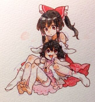 2girls animal_ears bare_shoulders barefoot black_hair bloomers blush carrot_necklace collar collarbone commentary_request detached_sleeves dress hair_ribbon hair_tubes hakurei_reimu height_difference holding_another's_arm inaba_tewi jewelry long_hair looking_at_another lying_on_lap multiple_girls necklace nontraditional_miko oimo_(14sainobba) one-hour_drawing_challenge photo_(medium) pink_dress ponytail rabbit_ears rabbit_girl red_dress red_eyes ribbon short_hair sitting smile socks touhou traditional_media underwear white_background