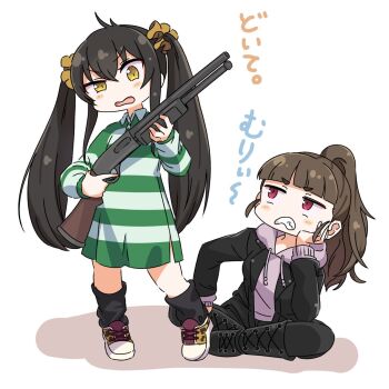 Rule 34 | 2girls, black boots, black hair, black jacket, black leg warmers, blunt bangs, blush, boots, brown hair, clenched teeth, collared dress, commentary request, dress, grey hoodie, gun, hair ornament, hair scrunchie, highres, holding, holding gun, holding weapon, hood, hood down, hoodie, idolmaster, idolmaster cinderella girls, jacket, kamiya nao, leg warmers, long hair, long sleeves, matoba risa, multiple girls, open clothes, open jacket, open mouth, ponytail, red eyes, scrunchie, shoes, shotgun, sidelocks, simple background, sitting, striped clothes, striped dress, taru haru, teeth, translation request, twintails, weapon, yellow eyes
