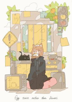 1girl animal_ears animated animated_gif bandaid bandaid_on_leg black_cat black_jacket blinking blush bread bread_slice brown_eyes brown_hair cat crossed_legs drawstring egg_(food) egg_toast_girl_(haru57928031) english_text food fried_egg fried_egg_on_toast frying_pan haru57928031 highres jacket leaf microwave original plant second-party_source short_hair signature sitting solo steam toast traffic_light