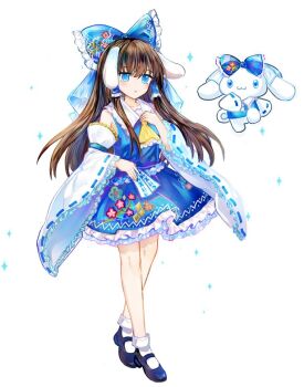 Rule 34 | 1girl, :3, alternate color, animal ears, ascot, black shoes, blue bow, blue eyes, blue skirt, bow, brown hair, cinnamoroll, commentary request, cosplay, detached sleeves, floral print, frilled bow, frilled hair tubes, frilled skirt, frills, full body, fuwa fuwa cinnamoroll, hair bow, hair tubes, hakurei reimu, hakurei reimu (cosplay), kemonomimi mode, long hair, mary janes, ofuda, print bow, print skirt, rabbit ears, ribbon-trimmed sleeves, ribbon trim, sanrio, sanuo, shoes, skirt, socks, touhou, very long hair, white socks, yellow ascot